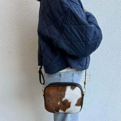 Genuine Smooth Leather Crossbody Bag with Fur Panel