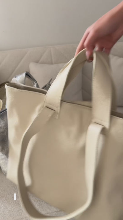 Large Grain Leather Tote Bag with Top Handle and Long Straps