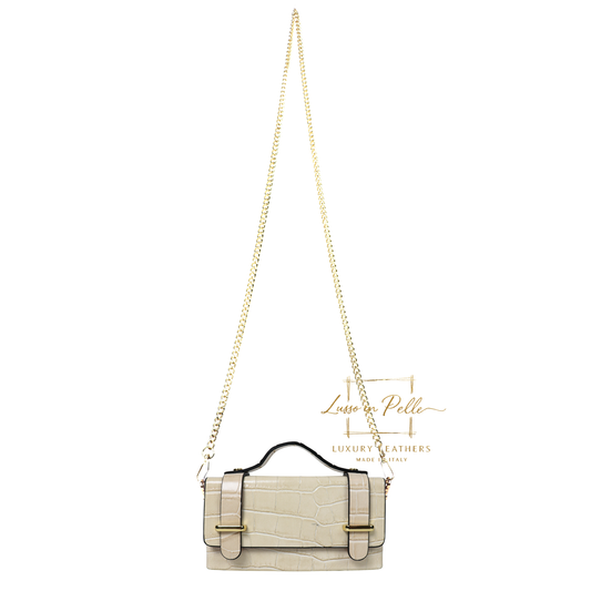 Croc-Embossed Leather Top Handle Bag with Gold Chain Strap