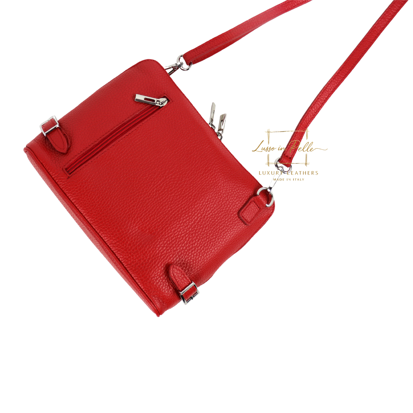 Rectangular Structured Italian Grain Leather Crossbody Bag with Adjustable Straps