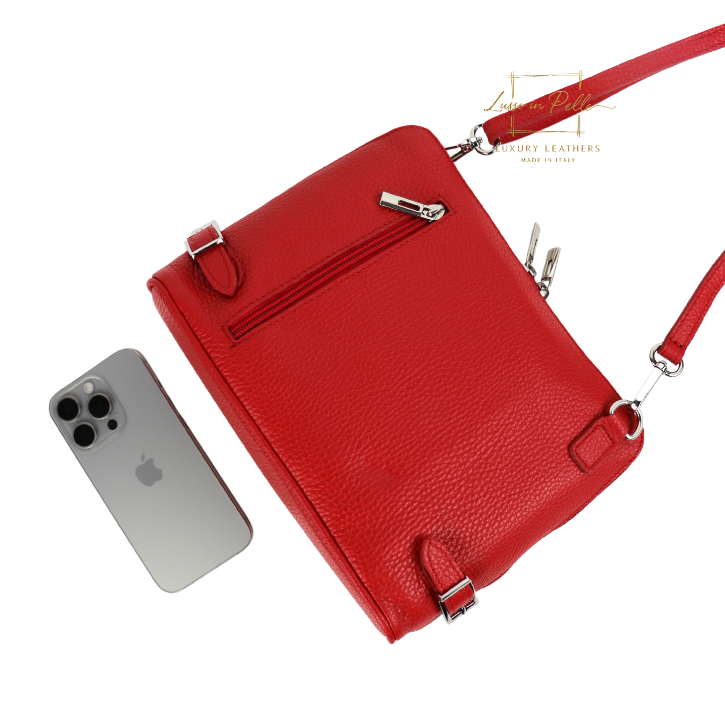 Rectangular Structured Italian Grain Leather Crossbody Bag with Adjustable Straps