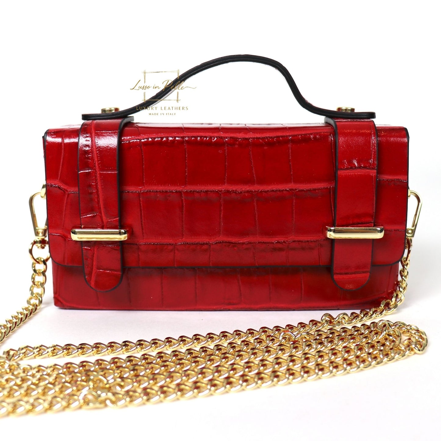 Croc-Embossed Leather Top Handle Bag with Gold Chain Strap