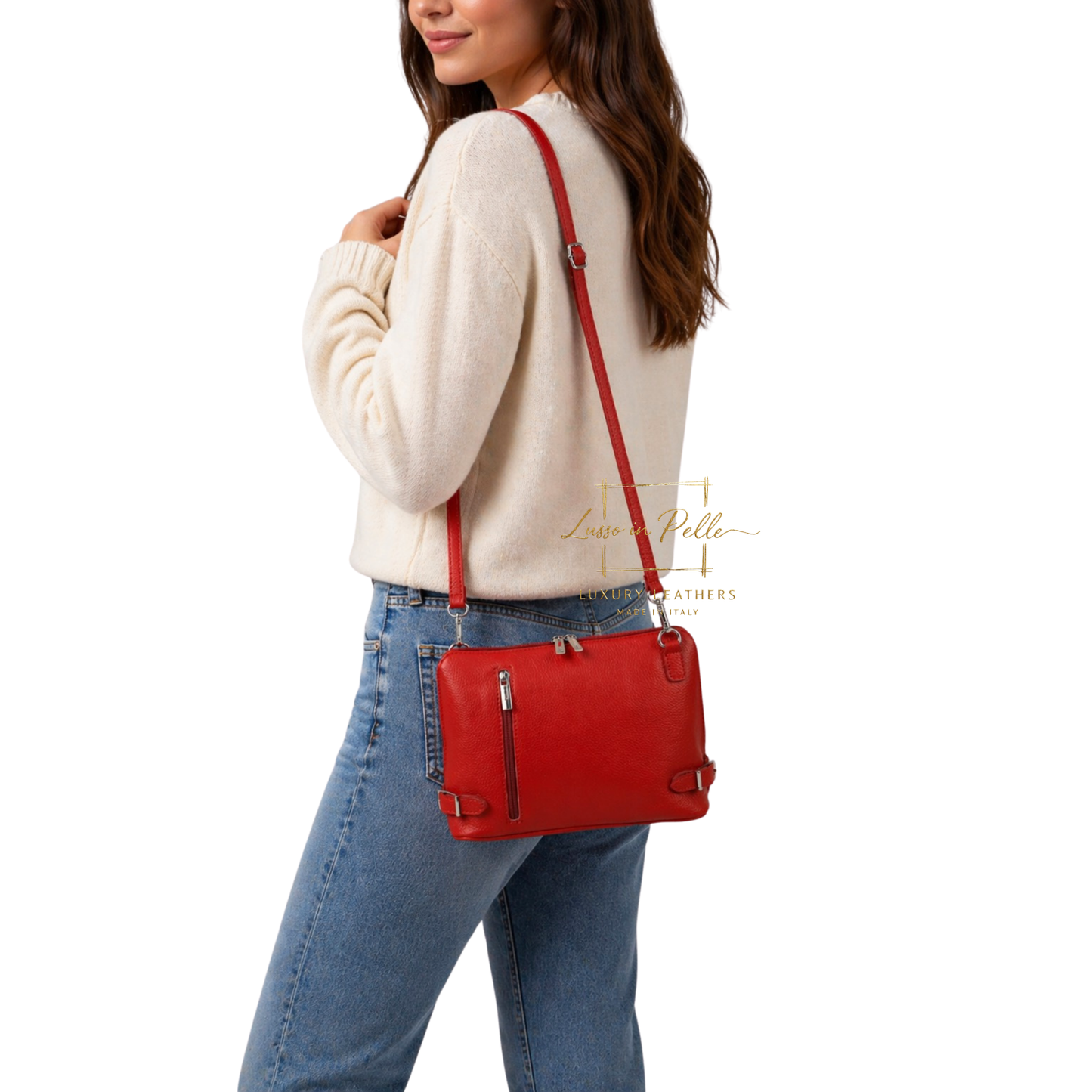 Rectangular Structured Italian Grain Leather Crossbody Bag with Adjustable Straps