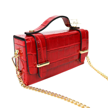 Croc-Embossed Leather Top Handle Bag with Gold Chain Strap