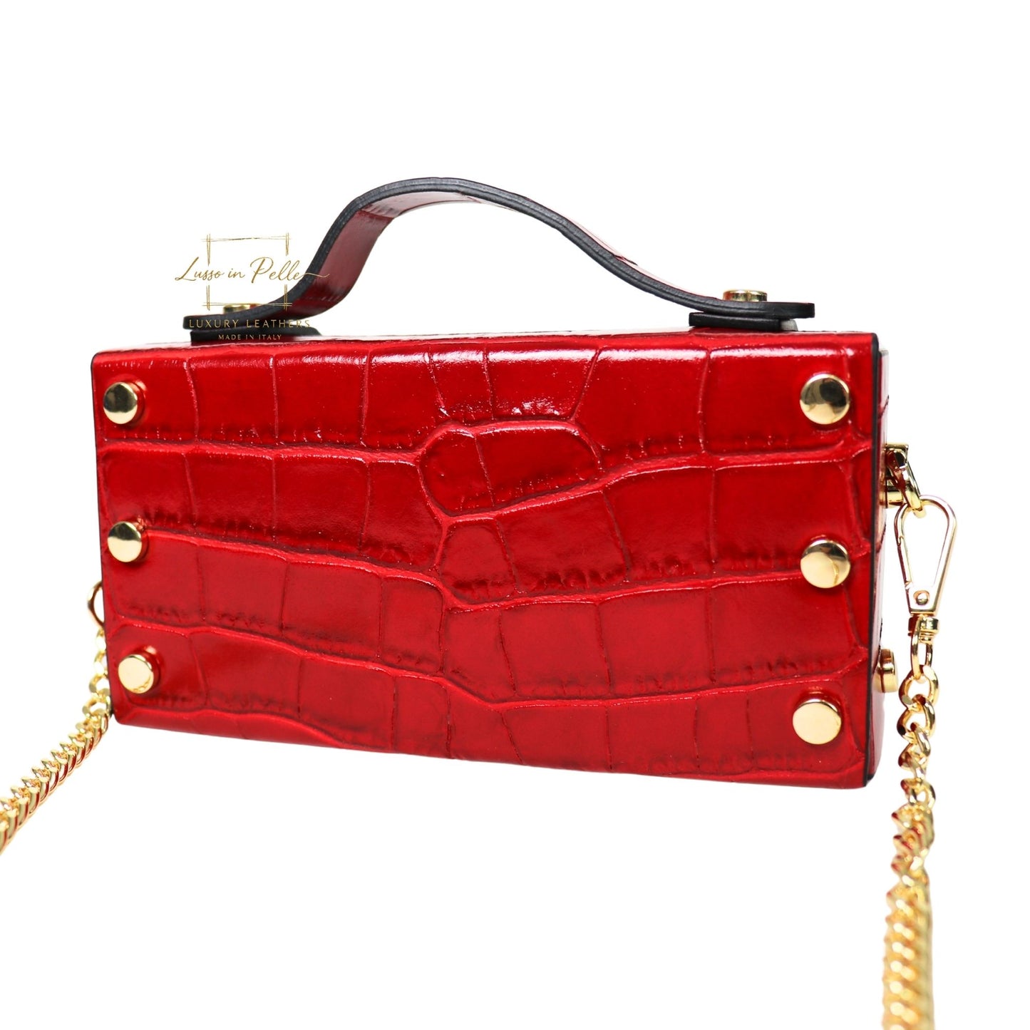 Croc-Embossed Leather Top Handle Bag with Gold Chain Strap
