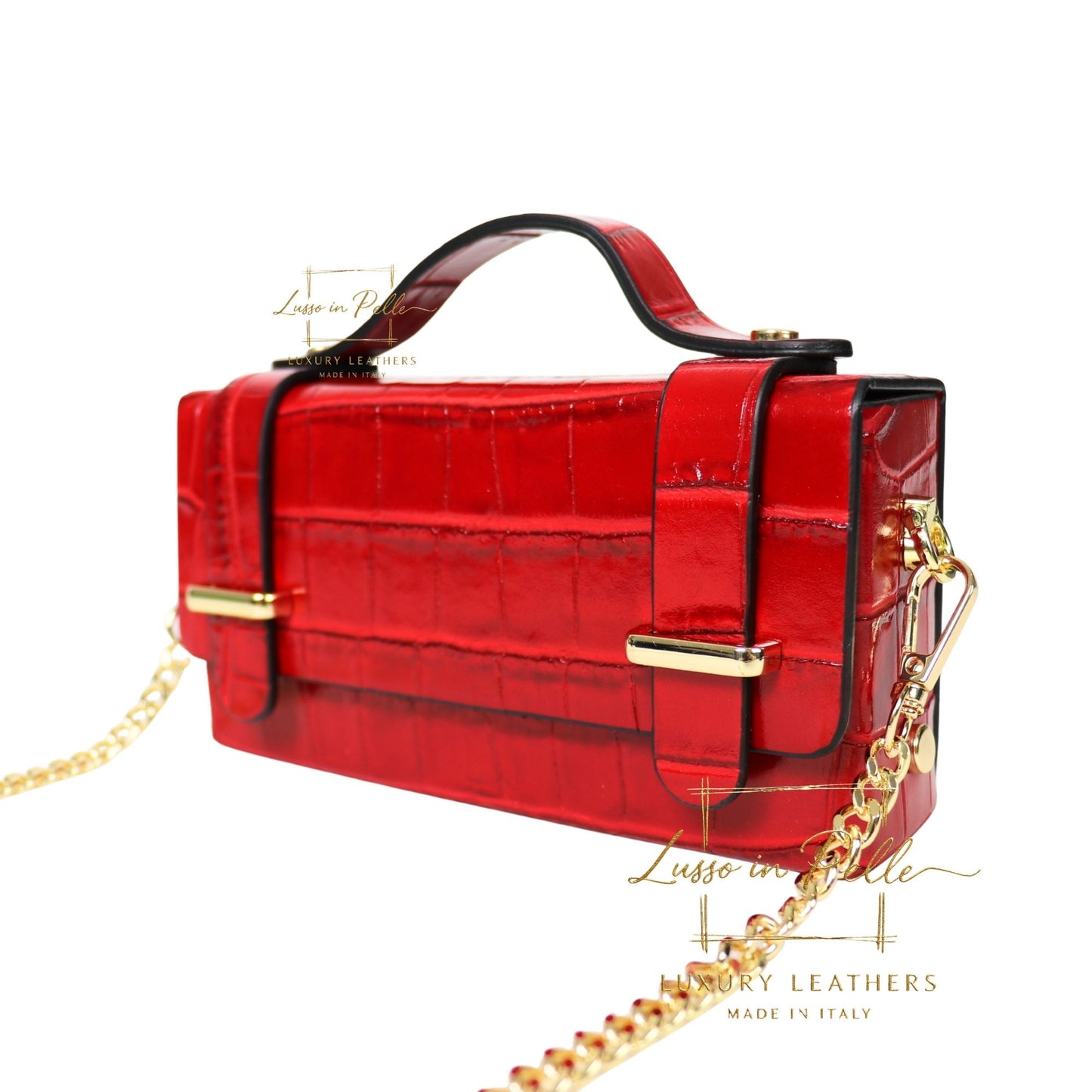 Croc-Embossed Leather Top Handle Bag with Gold Chain Strap