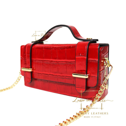 Croc-Embossed Leather Top Handle Bag with Gold Chain Strap
