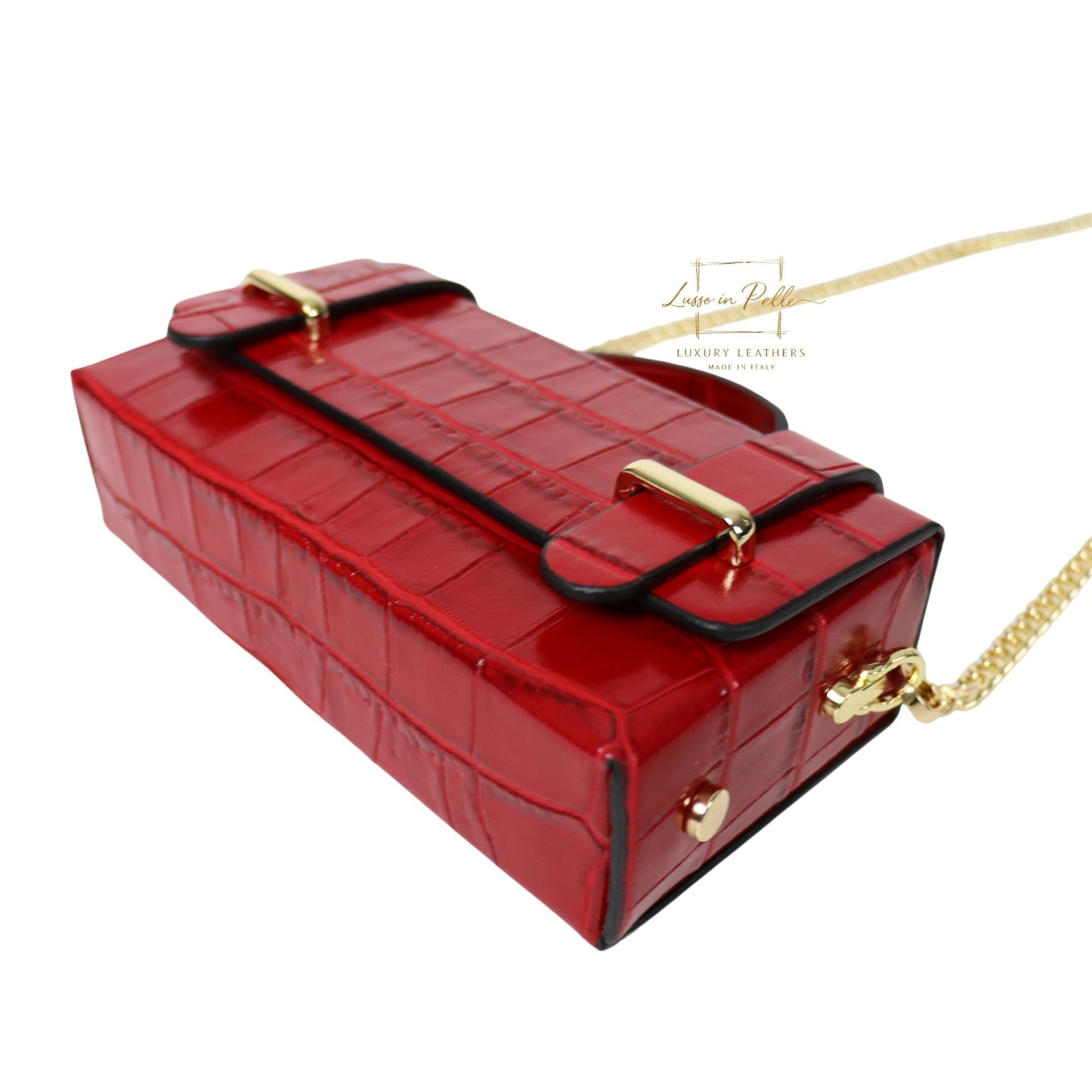 Croc-Embossed Leather Top Handle Bag with Gold Chain Strap