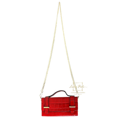 Croc-Embossed Leather Top Handle Bag with Gold Chain Strap