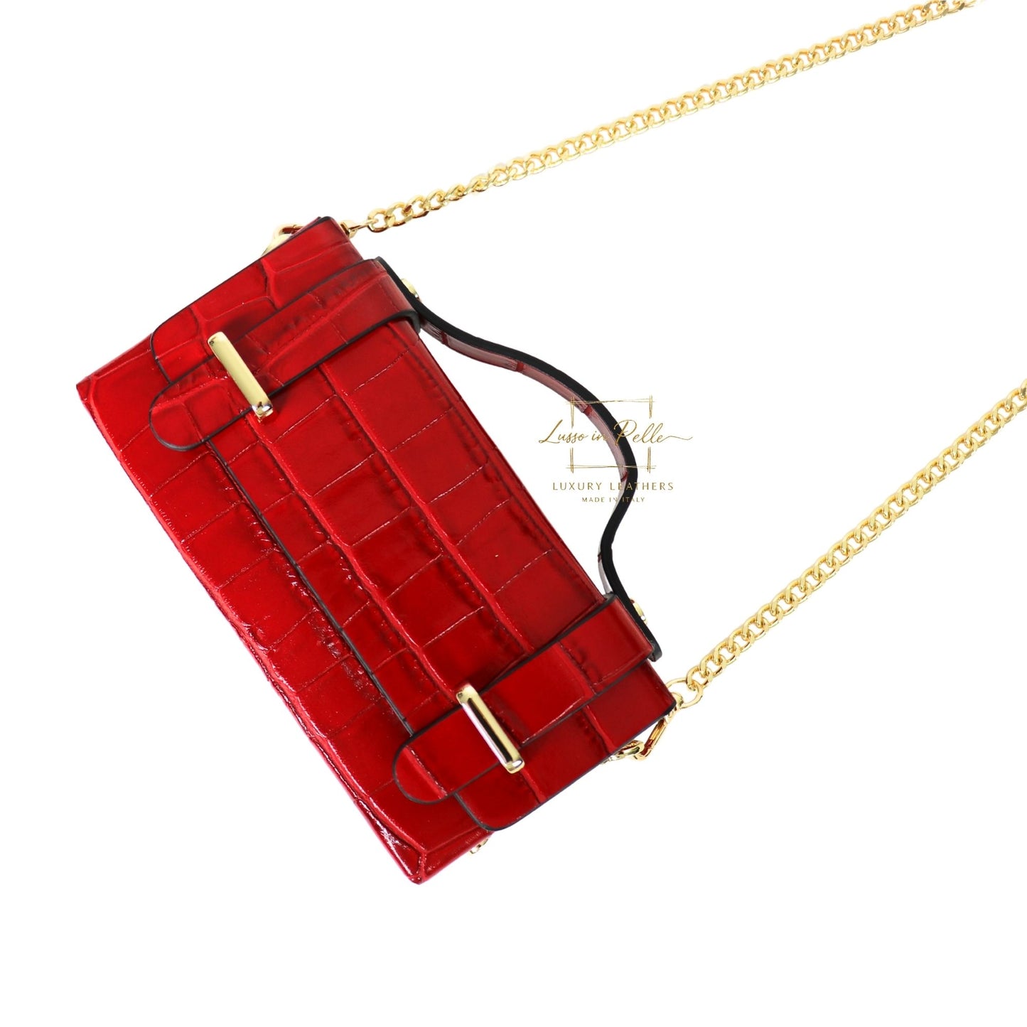 Croc-Embossed Leather Top Handle Bag with Gold Chain Strap