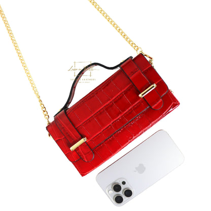 Croc-Embossed Leather Top Handle Bag with Gold Chain Strap