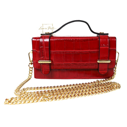 Croc-Embossed Leather Top Handle Bag with Gold Chain Strap