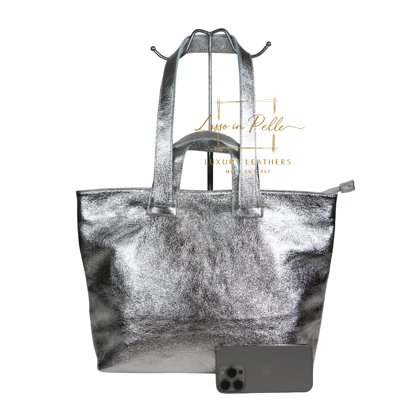 Large Grain Leather Tote Bag with Top Handle and Long Straps