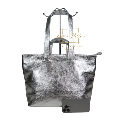 Large Grain Leather Tote Bag with Top Handle and Long Straps