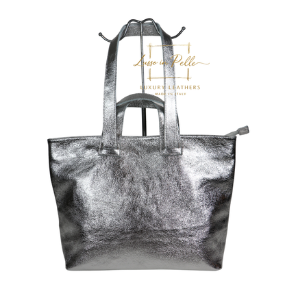 Large Grain Leather Tote Bag with Top Handle and Long Straps