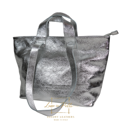 Large Grain Leather Tote Bag with Top Handle and Long Straps