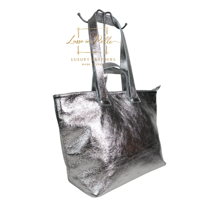 Large Grain Leather Tote Bag with Top Handle and Long Straps