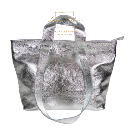 Large Grain Leather Tote Bag with Top Handle and Long Straps