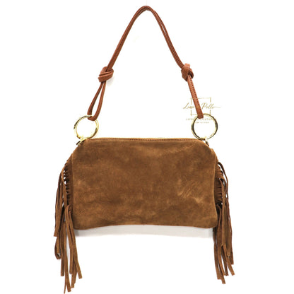 Small Italian Suede Fringe Bag with Shoulder and Crossbody Straps: Handmade Genuine Cowhide Suede Flat Purse