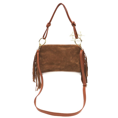 Small Italian Suede Fringe Bag with Shoulder and Crossbody Straps: Handmade Genuine Cowhide Suede Flat Purse