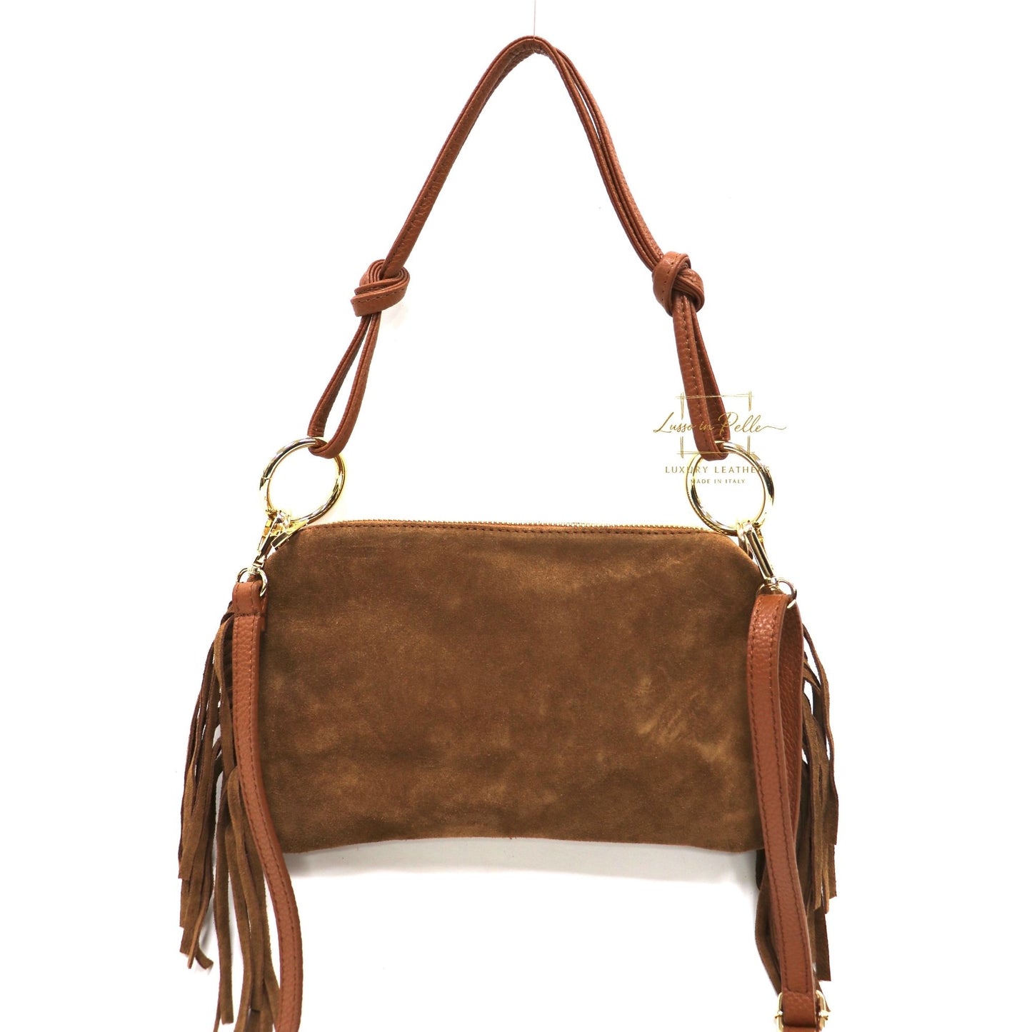 Small Italian Suede Fringe Bag with Shoulder and Crossbody Straps: Handmade Genuine Cowhide Suede Flat Purse