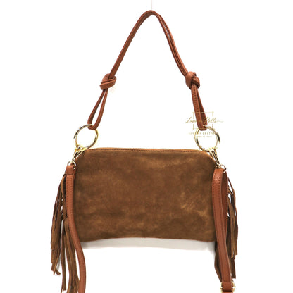 Small Italian Suede Fringe Bag with Shoulder and Crossbody Straps: Handmade Genuine Cowhide Suede Flat Purse