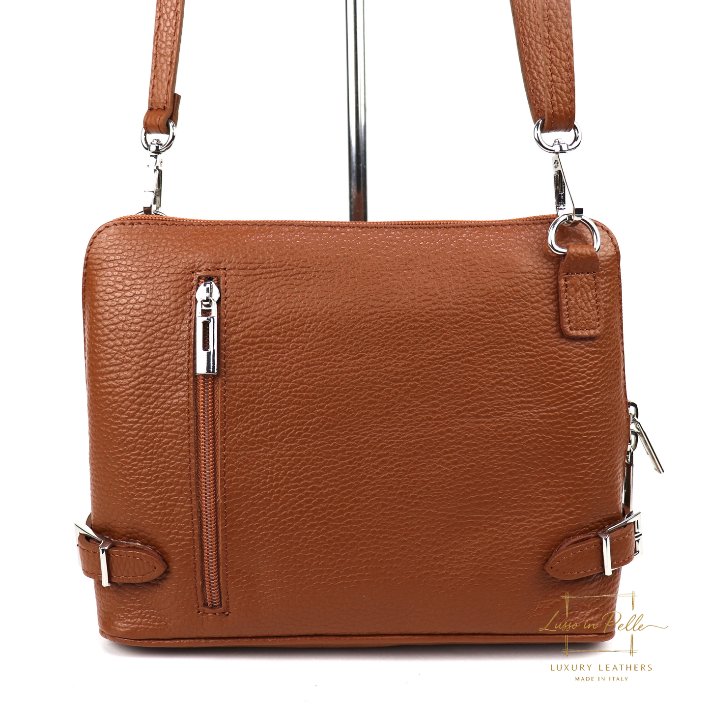 Rectangular Structured Italian Grain Leather Crossbody Bag with Adjustable Straps
