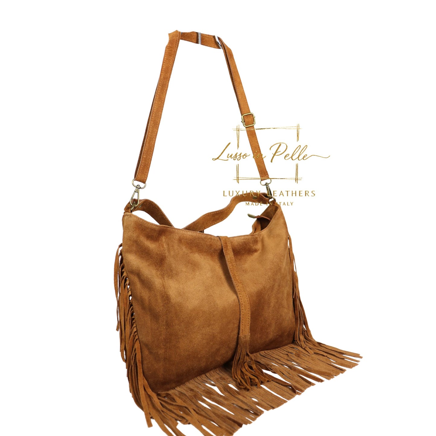 Large Suede Fringe Bag with Shoulder and Crossbody Straps: Handmade Genuine Italian Cowhide Suede Purse