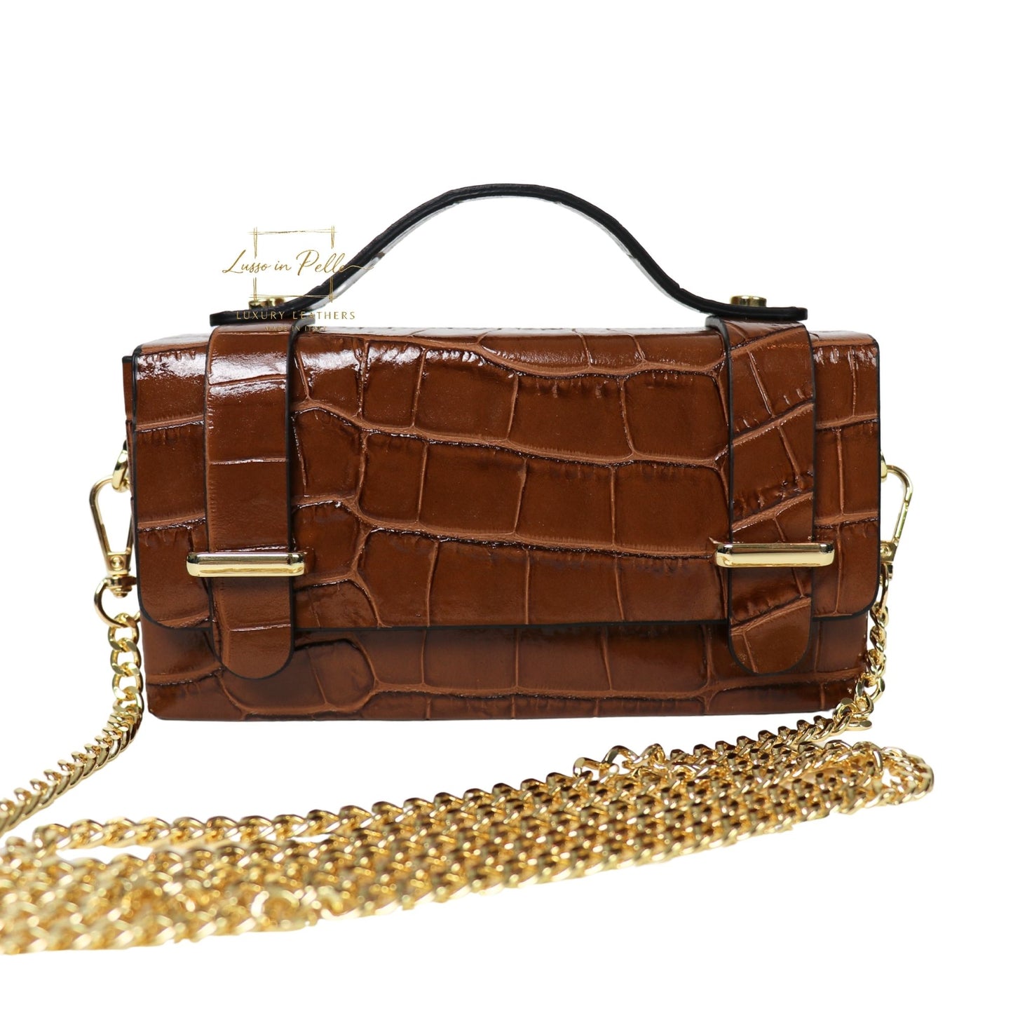 Croc-Embossed Leather Top Handle Bag with Gold Chain Strap
