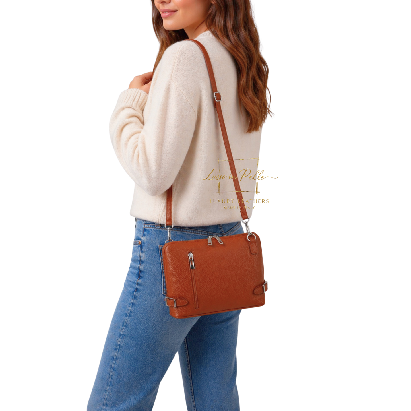 Rectangular Structured Italian Grain Leather Crossbody Bag with Adjustable Straps