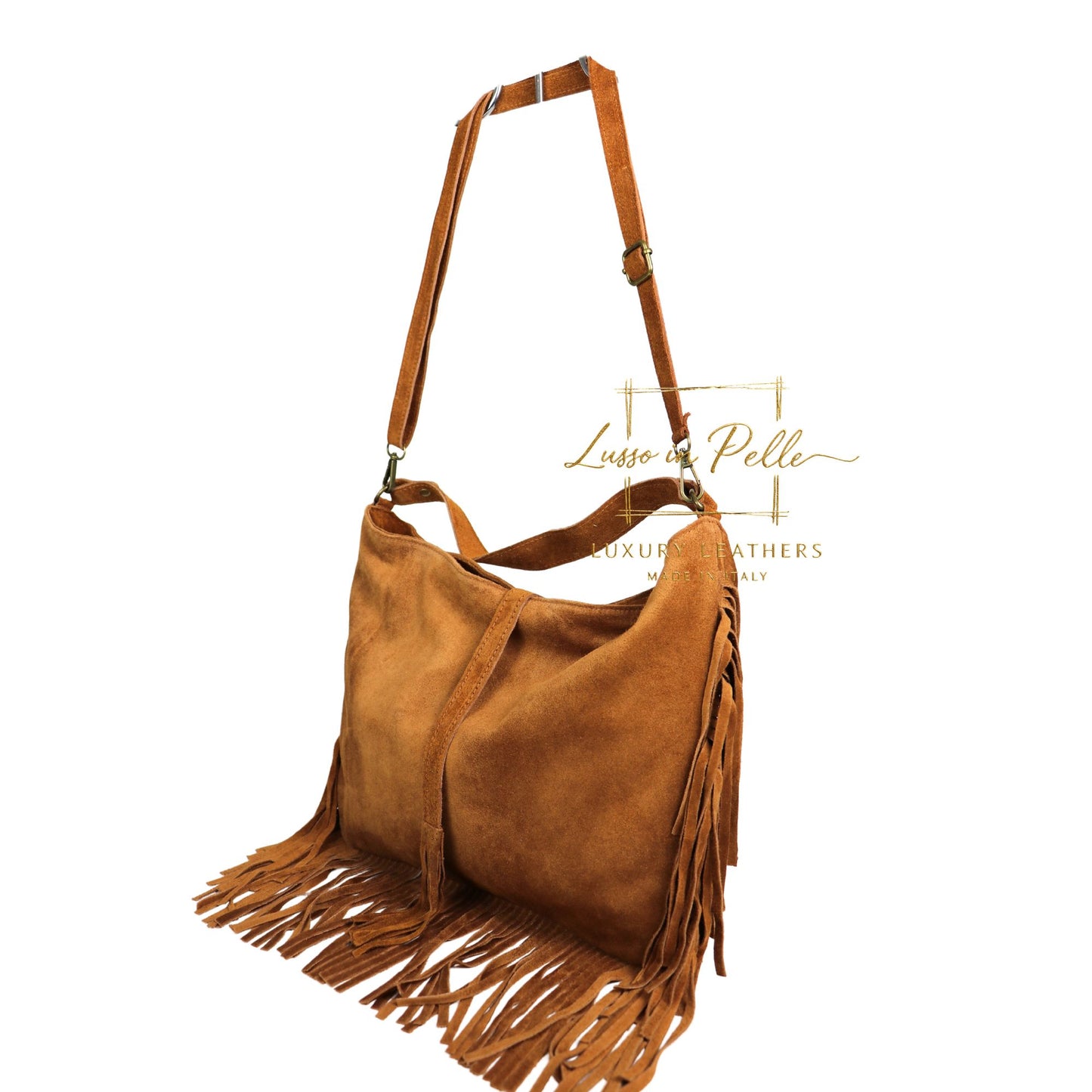 Large Suede Fringe Bag with Shoulder and Crossbody Straps: Handmade Genuine Italian Cowhide Suede Purse