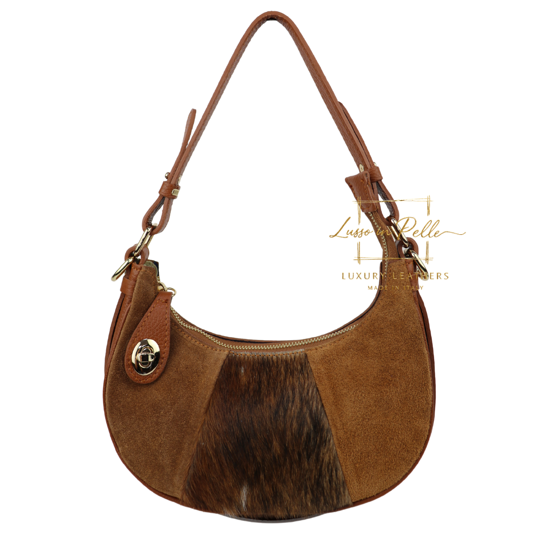 Small Half Moon Genuine Grain Leather Bag with Suede Front & Pony Hair Detail