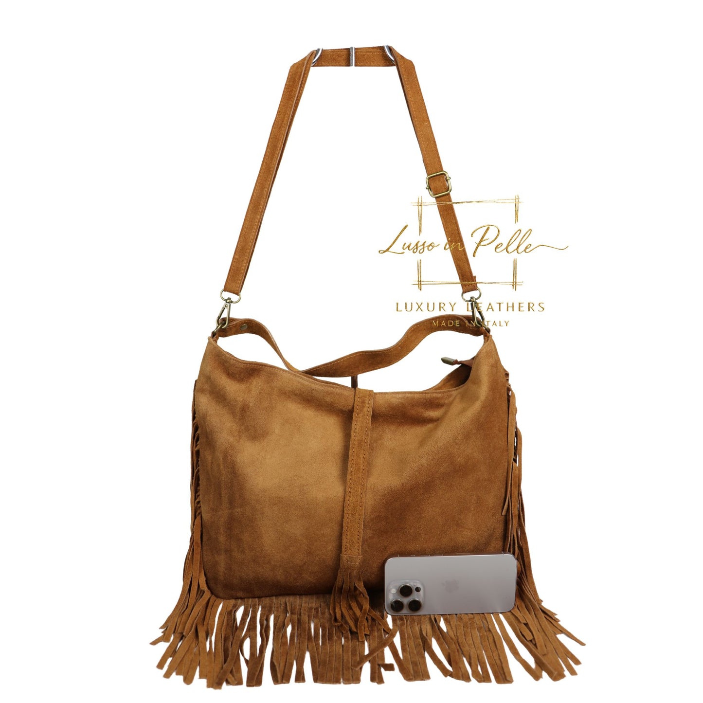 Large Suede Fringe Bag with Shoulder and Crossbody Straps: Handmade Genuine Italian Cowhide Suede Purse