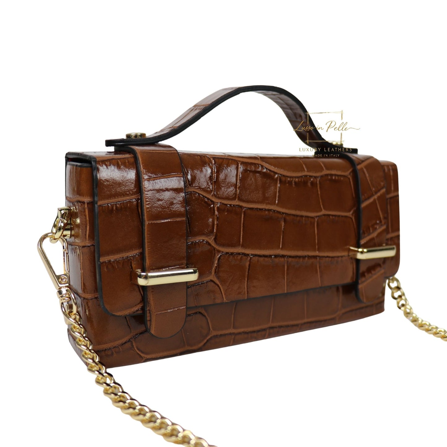 Croc-Embossed Leather Top Handle Bag with Gold Chain Strap