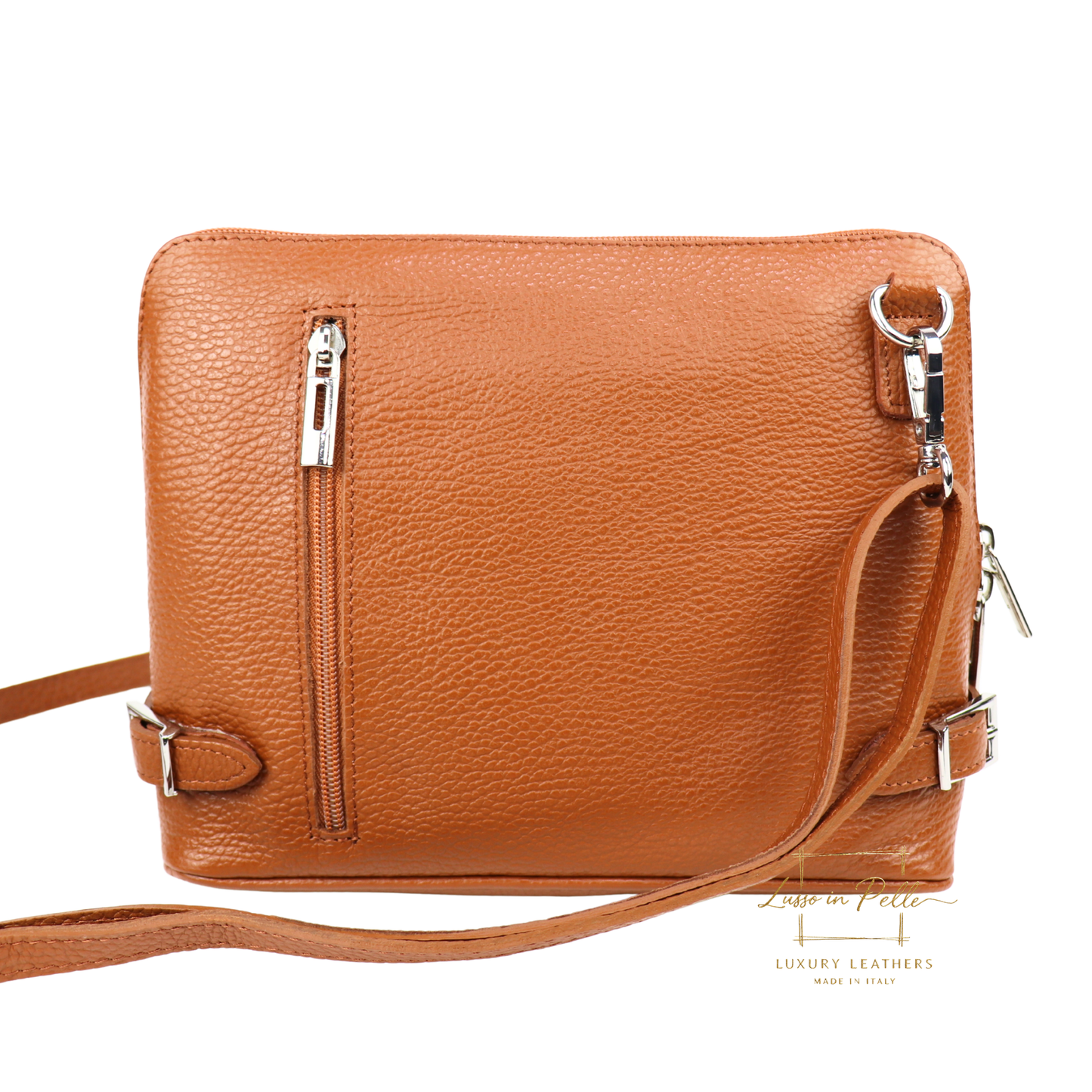 Rectangular Structured Italian Grain Leather Crossbody Bag with Adjustable Straps