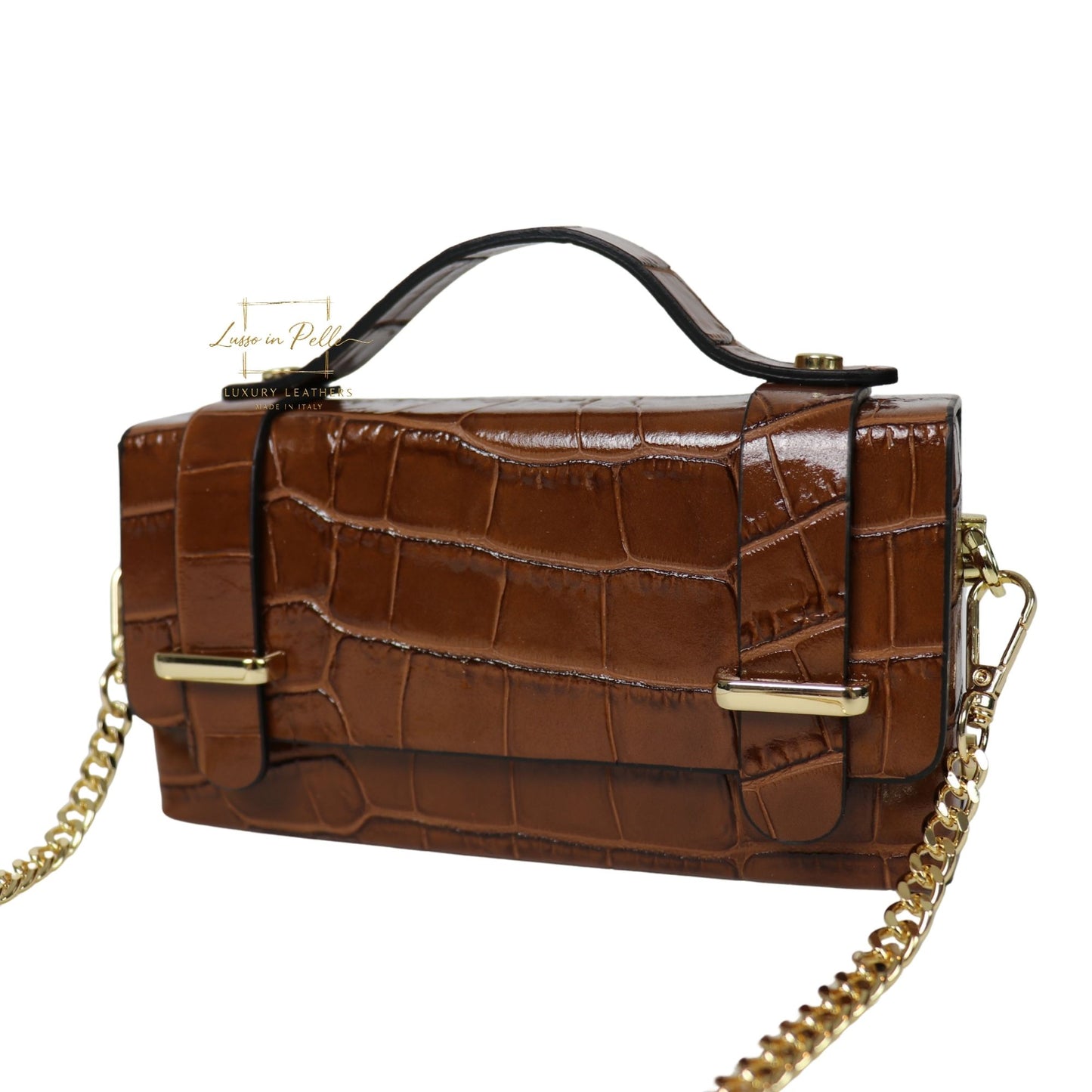 Croc-Embossed Leather Top Handle Bag with Gold Chain Strap
