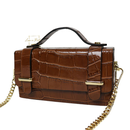 Croc-Embossed Leather Top Handle Bag with Gold Chain Strap