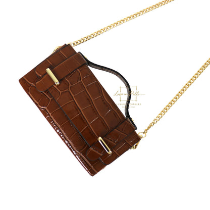 Croc-Embossed Leather Top Handle Bag with Gold Chain Strap