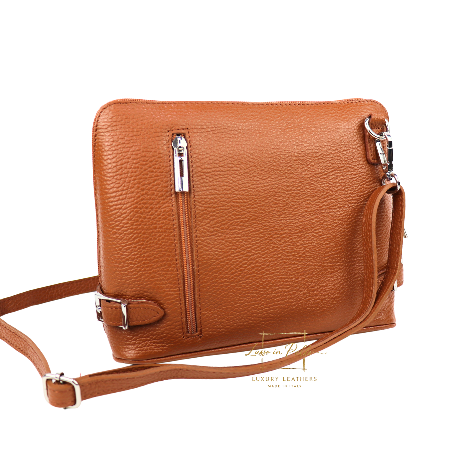 Rectangular Structured Italian Grain Leather Crossbody Bag with Adjustable Straps