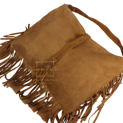 Large Suede Fringe Bag with Shoulder and Crossbody Straps: Handmade Genuine Italian Cowhide Suede Purse
