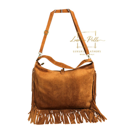 Large Suede Fringe Bag with Shoulder and Crossbody Straps: Handmade Genuine Italian Cowhide Suede Purse