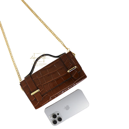 Croc-Embossed Leather Top Handle Bag with Gold Chain Strap