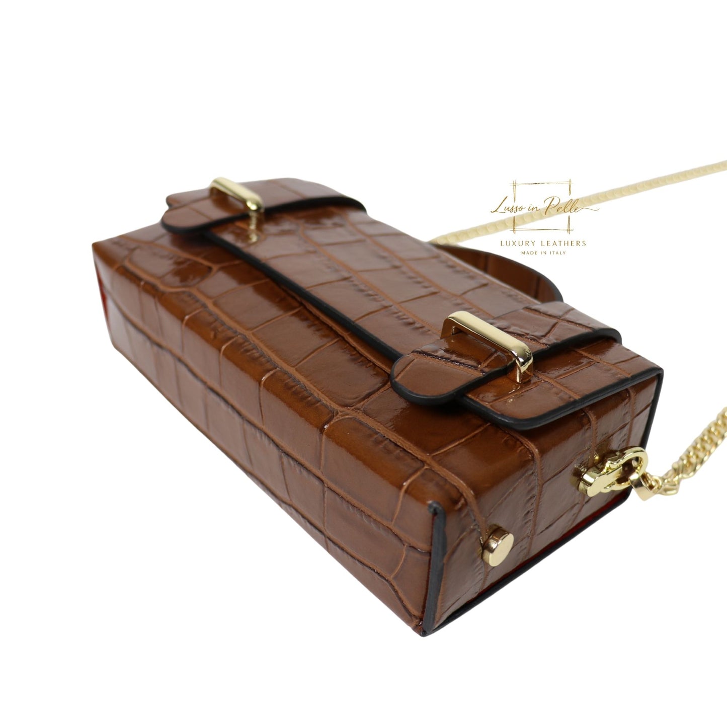 Croc-Embossed Leather Top Handle Bag with Gold Chain Strap