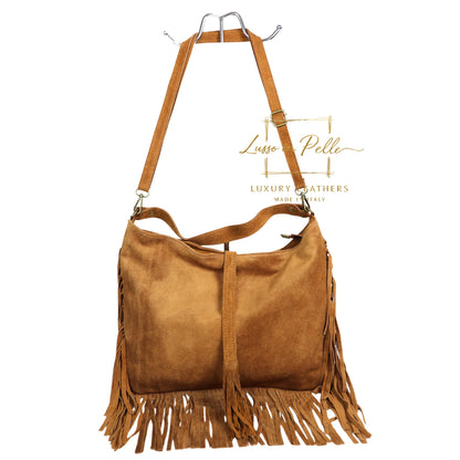 Large Suede Fringe Bag with Shoulder and Crossbody Straps: Handmade Genuine Italian Cowhide Suede Purse