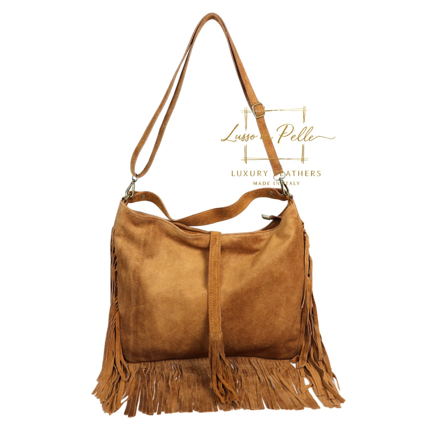 Large Suede Fringe Bag with Shoulder and Crossbody Straps: Handmade Genuine Italian Cowhide Suede Purse