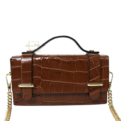 Croc-Embossed Leather Top Handle Bag with Gold Chain Strap