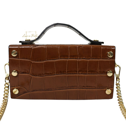 Croc-Embossed Leather Top Handle Bag with Gold Chain Strap