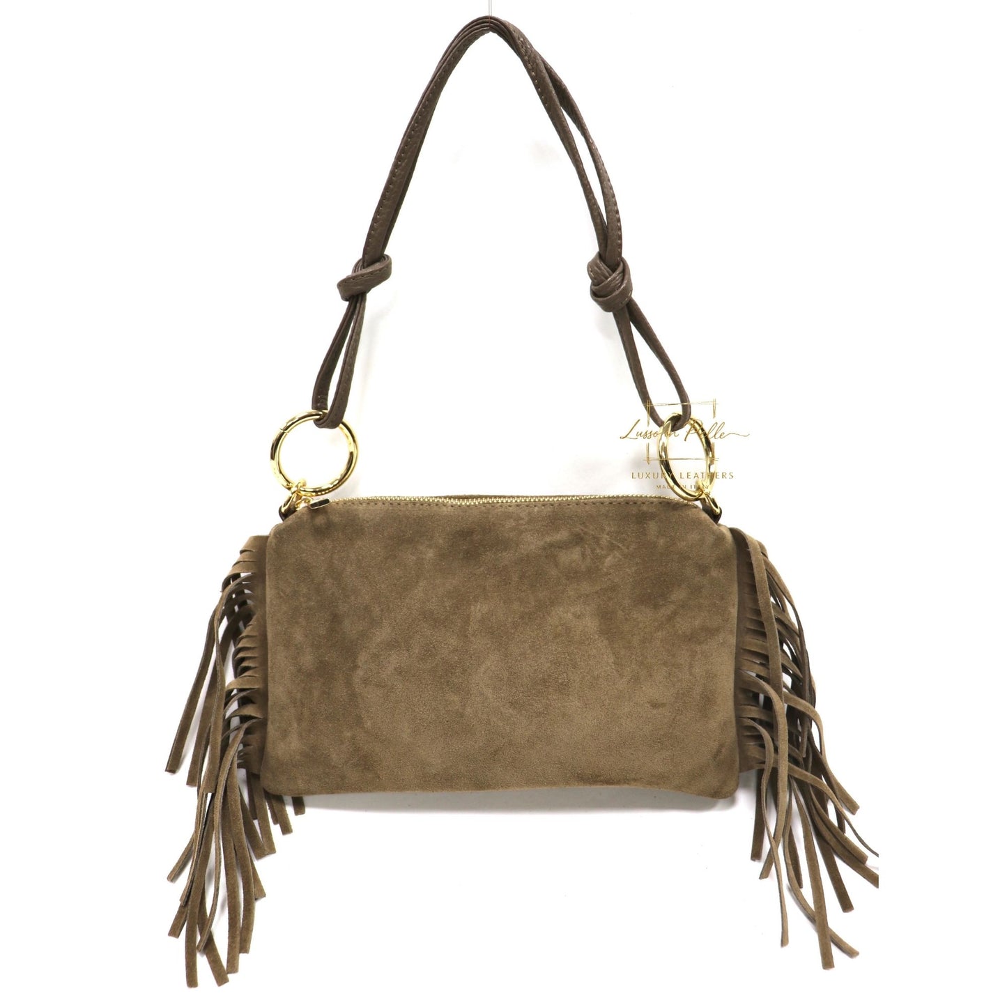 Small Italian Suede Fringe Bag with Shoulder and Crossbody Straps: Handmade Genuine Cowhide Suede Flat Purse
