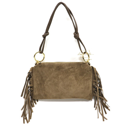 Small Italian Suede Fringe Bag with Shoulder and Crossbody Straps: Handmade Genuine Cowhide Suede Flat Purse