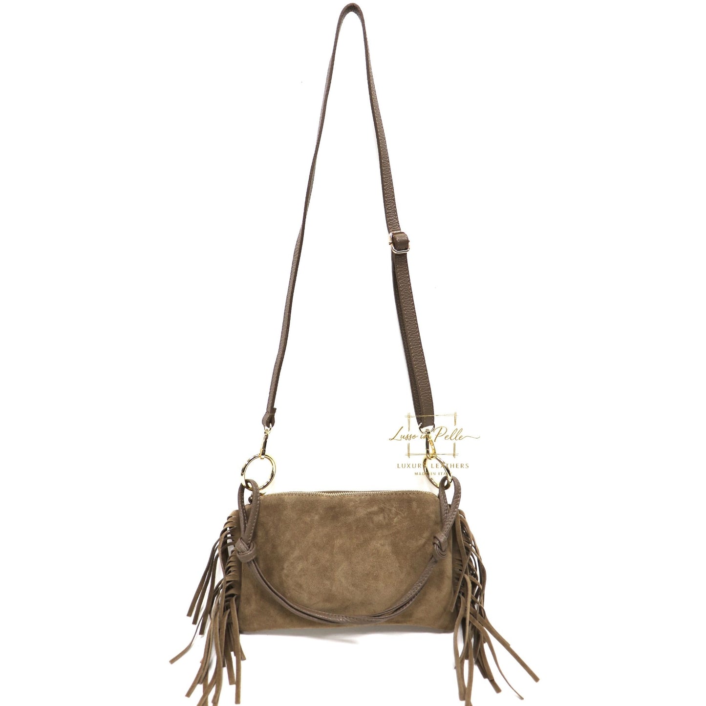 Small Italian Suede Fringe Bag with Shoulder and Crossbody Straps: Handmade Genuine Cowhide Suede Flat Purse